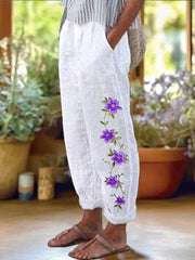 Women's Purple Flower Print Alzheimer's Awareness Support Pants