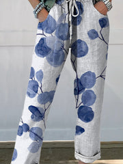 Women's Retro Botanical Floral Printed Cotton And Linen Casual Pants