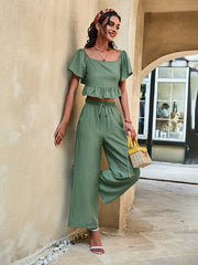 Casual High Waisted Solid Color U-Neck Two Pieces Set