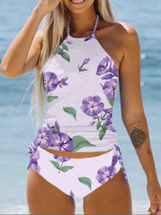 Women's Resort Floral Design Drawstring Tankini Swimsuit Set
