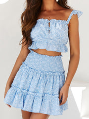 Flared Sleeves Shirts Tops+Mini Skirt Suit