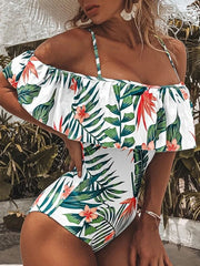 Tropical flower print ruffle one-piece swimsuit