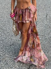 Floral Printed Ruffled Irregular Long Skirt