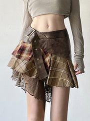Irregular Plaid Lace Patchwork Skirt In Brown