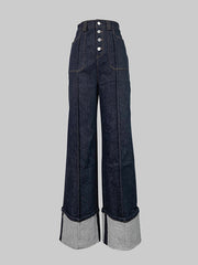 High Waisted Straight Leg Contrast Color Split-Joint Jean Pants Bottoms