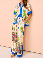 Asymmetric Printed Split-Joint High Waisted Loose Trousers Pants