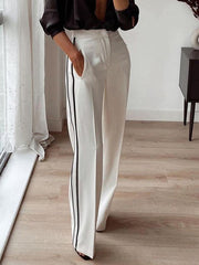 Pockets Striped High Waisted Loose Trousers Suit Pants