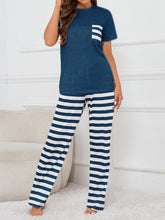 Women's Striped Patchwork Design T-Shirt Trousers Home Casual Two-Piece Set