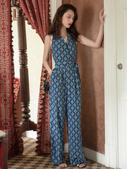 Casual Sleeveless Loose Lace-Up Printed V-Neck Jumpsuit