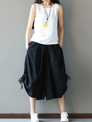 Drawstring Elasticity Solid Color Split-Joint High Waisted Loose Pants Cropped Trousers