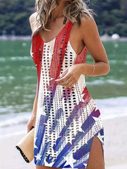 Women's American Flag Knitted Ripped Cutout Cover-Up Swimsuit