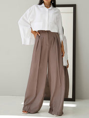 Pleated Solid Color Split-Joint High Waisted Loose Trousers Suit Pants