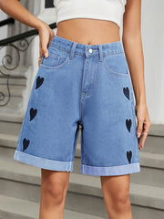 Buttoned Heart Print Pockets High Waisted Loose Jean Pants Bottoms Half Pants