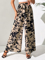 Elasticity Flower Print Tied Waist High Waisted Loose Trousers Pants
