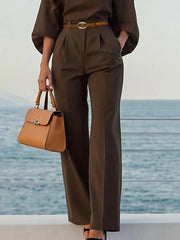 Pleated Solid Color Split-Joint High Waisted Loose Trousers Pants
