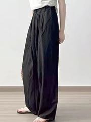 Elasticity Pleated Pockets Solid Color High Waisted Loose Trousers Pants