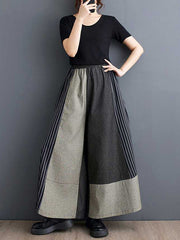 Elasticity Pockets Split-Joint Striped High Waisted Loose Trousers Pants