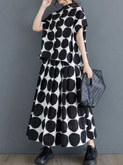 Buttoned Polka-Dot Loose Short Sleeves Lapel Blouse Tops Skirts Bottoms Two Pieces Set