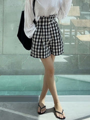 Buttoned Elasticity Plaid High Waisted Loose Shorts Bottoms