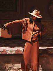 Casual Buckle Tasseled Solid Color Round-Neck Two Pieces Set