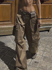 Buttoned Pockets Solid Color Split-Joint Loose Wide Leg Trousers Pants