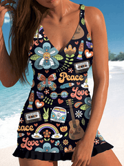 Women's V-Neck Retro Hippie Style Printed Swimsuit And Briefs
