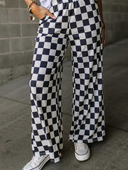 Contrast Color Elasticity Plaid Pockets High Waisted Loose Trousers Pants
