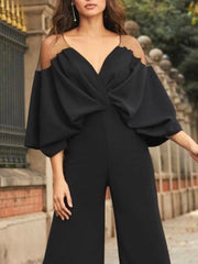 Solid Color Split-Joint Batwing Sleeves Loose Deep V-Neck Jumpsuits Bottoms