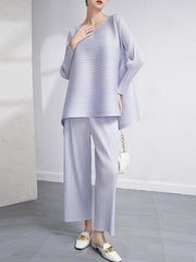 Loose Pleated Solid Color High-Low Round-Neck T-Shirts + Pants Two Pieces Set