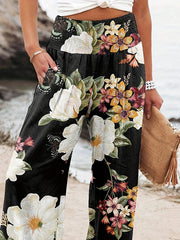 Elasticity Flower Print Pleated Pockets High Waisted Loose Trousers Pants
