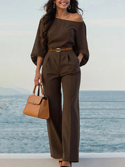 Pleated Solid Color Split-Joint High Waisted Loose Trousers Pants