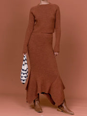 Leisure Round-Neck Long Sleeves Top Empire Asymmetric Skirt Two-Pieces Set