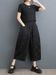 Elasticity Jacquard Pockets Solid Color Harem Pants High Waisted Trousers Ninth Pants