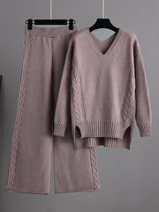 Urban Loose Solid Color V-Neck Sweater Tops& Wide Leg Pants Suits