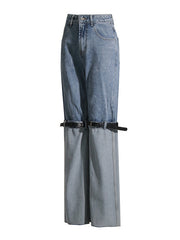 Belt Buckle Split-Joint High Waisted Loose Jean Pants Bottoms