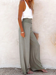 Buttoned Elasticity Solid Color Loose Wide Leg Trousers Pants