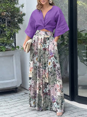 Wide Leg Bandage Bowknot Floral Printed Pockets Shirts Tops&Pants Suits