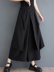 Elasticity Pockets Solid Color High Waisted Loose Trousers Ninth Pants