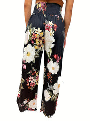 Elasticity Flower Print Pleated Pockets High Waisted Loose Trousers Pants