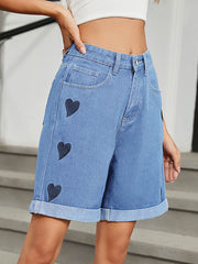 Buttoned Heart Print Pockets High Waisted Loose Jean Pants Bottoms Half Pants
