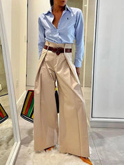 Pleated Solid Color Split-Joint High Waisted Loose Trousers Pants