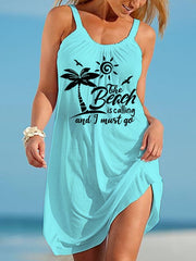 Women's The Beach Is Calling And I Must Go Palm Tree Print Vacation Dress