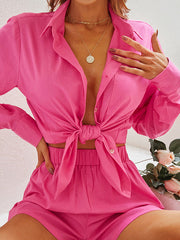 Lapel Single Breasted Long Sleeve Top Two Piece Shorts Sports Women Fashion Set