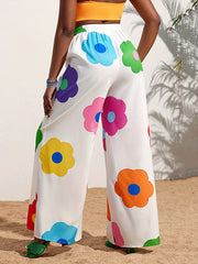 Elasticity Flower Print Split-Joint High Waisted Loose Trousers Pants