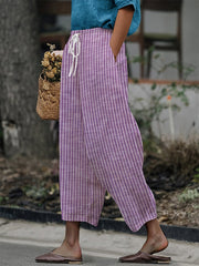 Women's Retro Striped Design Printed Lace-Up Elastic Waist Loose Casual Pants