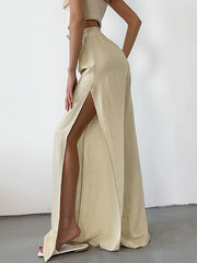 Drawstring Elasticity Solid Color Split-side High Waisted Loose Trousers Pants