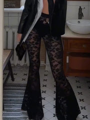 Lace See-Through High Waist Flared Pants In Black