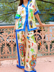 Asymmetric Printed Split-Joint High Waisted Loose Trousers Pants