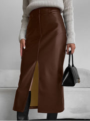 Pockets Solid Color Split-Front Zipper Skinny Wrap Skirts Bottoms