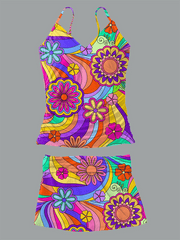 Women's V-Neck Retro Hippie Print Sundress Split Swimsuit Skirt Suit Swimsuit